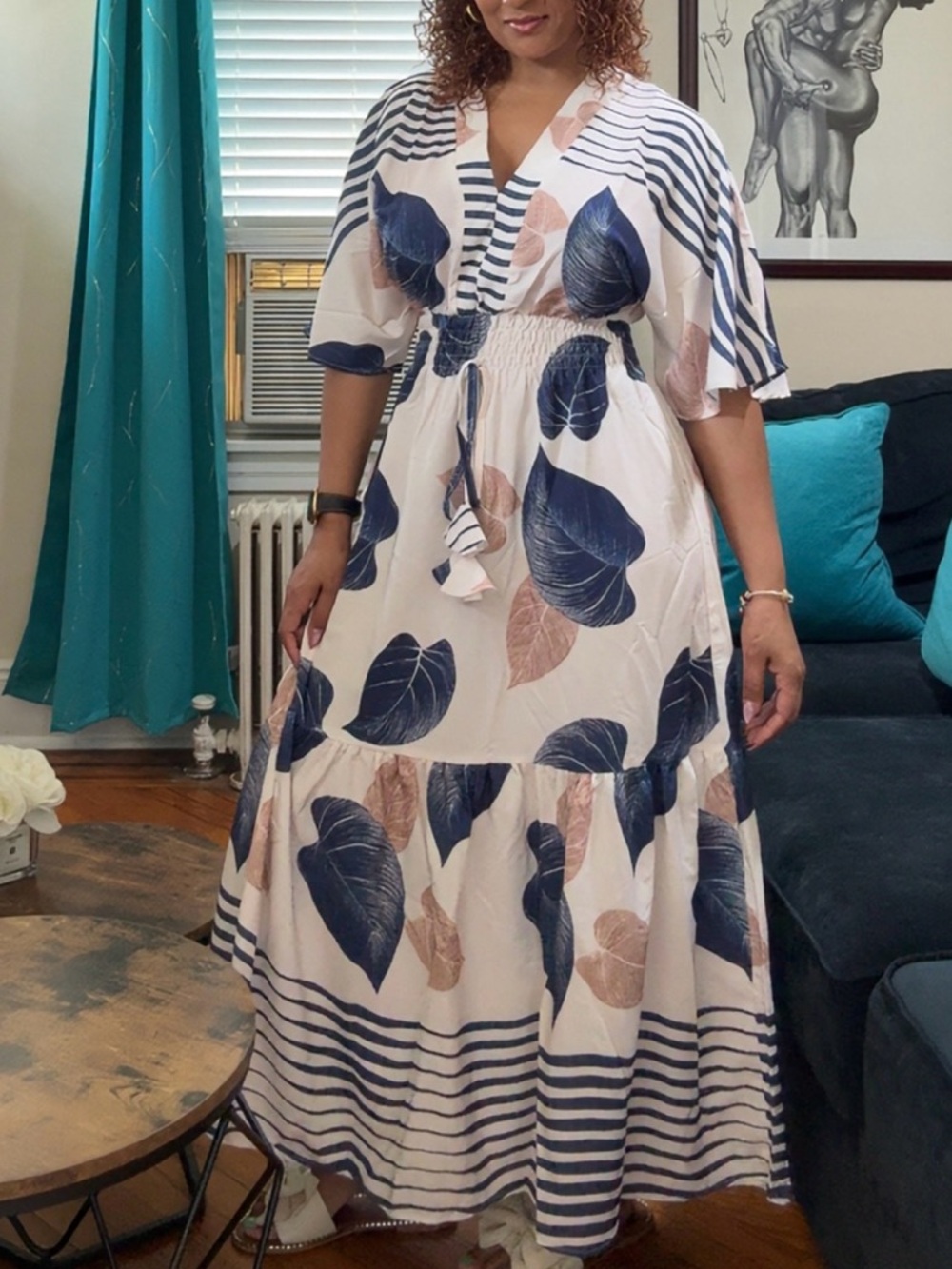 Leaf-Print V-Neck Maxi Dress in Cream and Navy